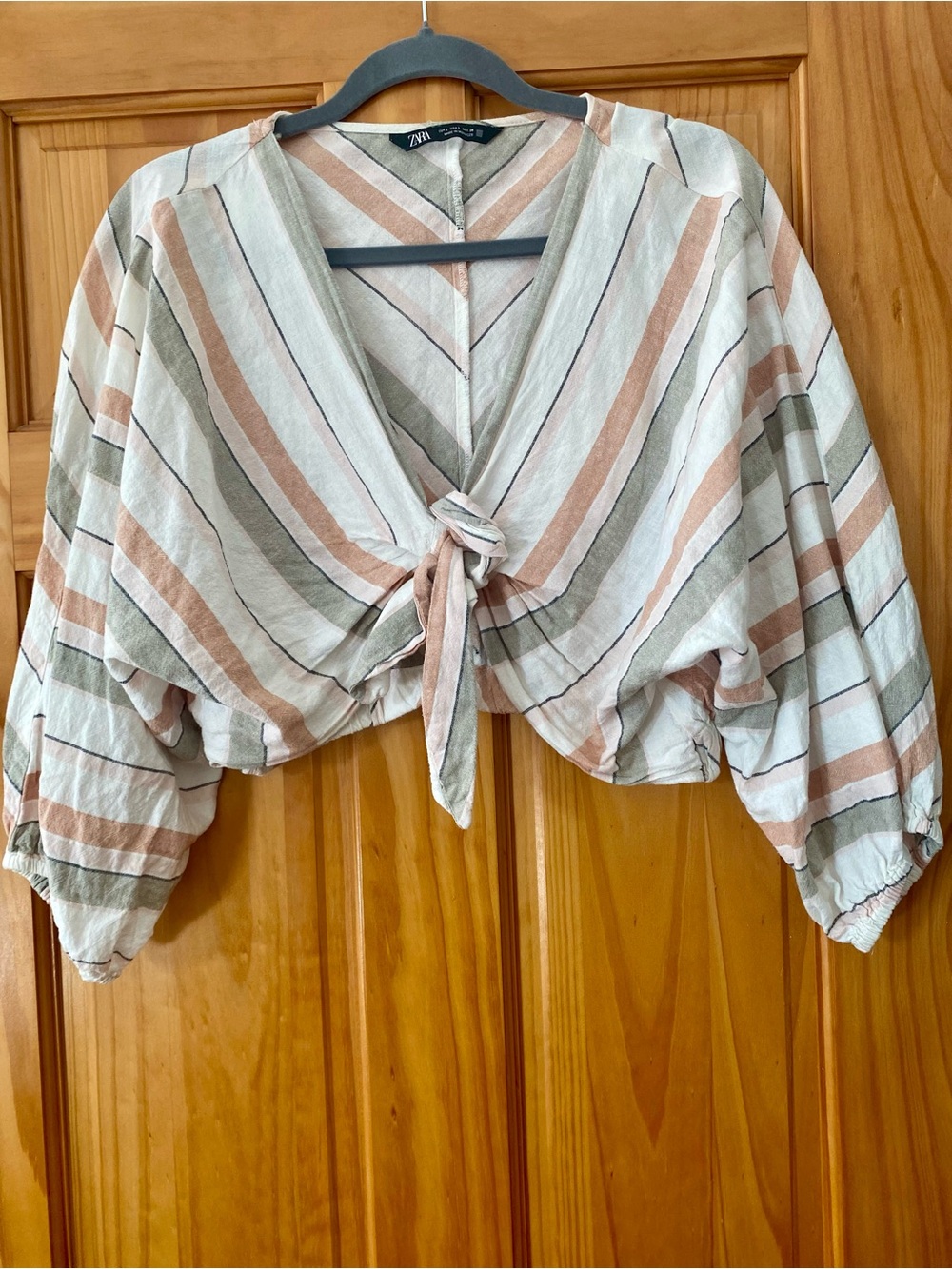 Zara Linen Blend Striped Tie Front Crop Top & Shorts Set Boho Coastal L - Picture 2 of 16